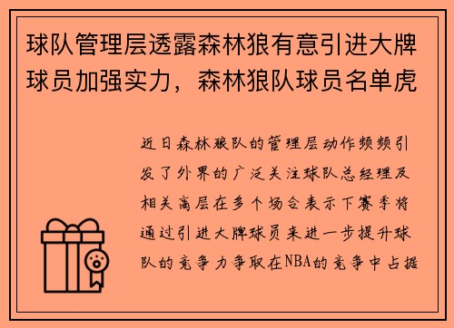 球队管理层透露森林狼有意引进大牌球员加强实力，森林狼队球员名单虎扑体育