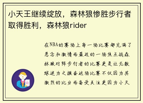 小天王继续绽放，森林狼惨胜步行者取得胜利，森林狼rider