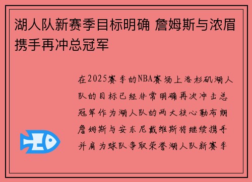 湖人队新赛季目标明确 詹姆斯与浓眉携手再冲总冠军