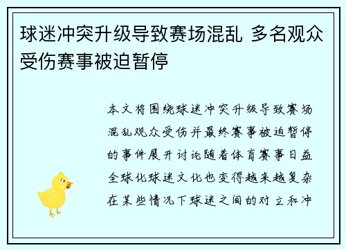球迷冲突升级导致赛场混乱 多名观众受伤赛事被迫暂停
