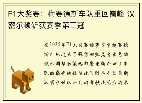 F1大奖赛：梅赛德斯车队重回巅峰 汉密尔顿斩获赛季第三冠