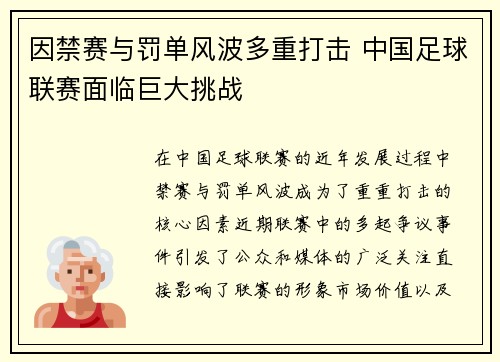 因禁赛与罚单风波多重打击 中国足球联赛面临巨大挑战