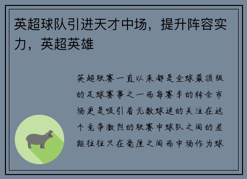 英超球队引进天才中场，提升阵容实力，英超英雄