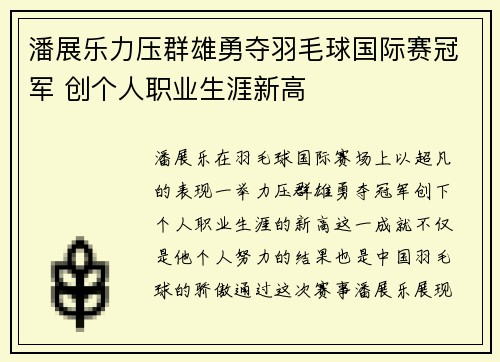 潘展乐力压群雄勇夺羽毛球国际赛冠军 创个人职业生涯新高