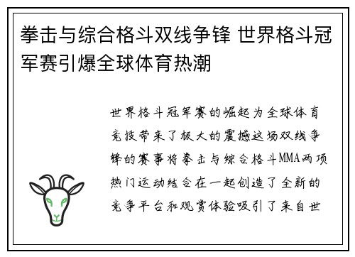 拳击与综合格斗双线争锋 世界格斗冠军赛引爆全球体育热潮