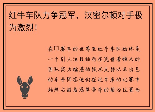 红牛车队力争冠军，汉密尔顿对手极为激烈！